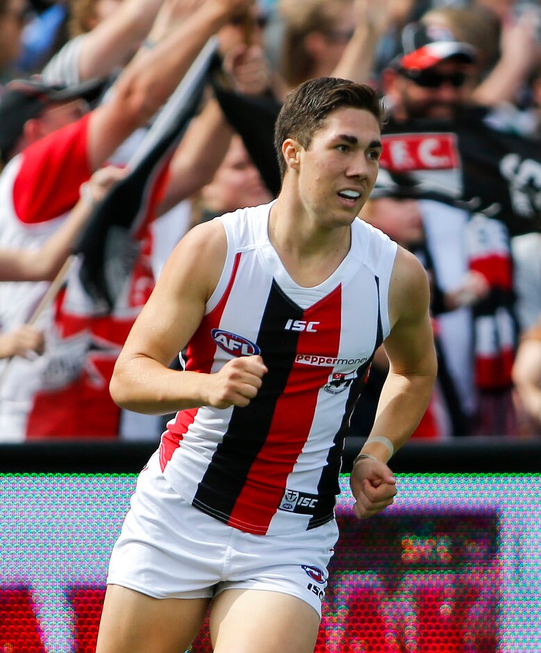AFL 2016 Rd 01 - Port Adelaide v St Kilda ADELAIDE, AUSTRALIA - MARCH 27: Jade Gresham of the Saints celebrates a goal during the 2016 AFL Round 01 match between Port Adelaide Power and the St Kilda Saints at the Adelaide Oval, Adelaide on March 27, 2016. (Photo by AFL Media)